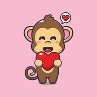 personagem de desenho animado de macaco fofo segurando coração de amor vetor