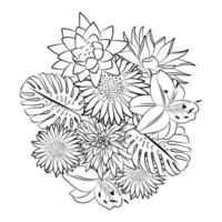 desenho de esboço de esboço de buquê tropical exótico floral gráfico isolado na ilustração vetorial branca. flores de contorno preto liso. terapia de arte, modelo de página de livro para colorir. botânica florescer. vetor