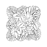 desenho de esboço de esboço de buquê floral gráfico isolado na ilustração vetorial branca. flores de contorno preto liso. terapia de arte, modelo de página de livro para colorir. monstera tropical folhas exóticas. vetor