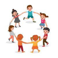 grupo de crianças felizes bonitos, meninos e meninas, de mãos dadas e dançando em círculo, se divertindo jogando juntos com sorriso em seus rostos vetor