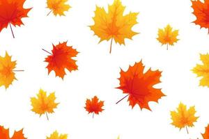 Outono padrão sem emenda, folhas de bordo laranja e vermelho sobre fundo branco. perfeito para papel de parede, papel de presente, preenchimento de modelo, fundo de página da web, cartões de outono vetor