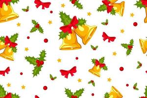 sem costura padrão com sinos de natal, folhas de azevinho e bagas em fundo branco. papel de embalagem, têxteis, papel de parede, banner. símbolo do natal e ano novo. vetor