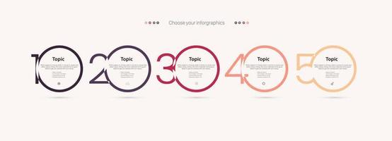 cinco opções de círculo de infográfico em design de modelos de cores vermelhas vetor
