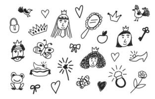 doodle conjunto com rostos de príncipe e princesa e elementos de conto de fadas. desenhos infantis. ilustração vetorial isolada vetor