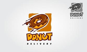modelo de logotipo de vetor de entrega de donut. desenho animado de logotipo de entrega de comida brincalhão. deliciosamente olhando, formas ou qualquer outro elemento para padaria, loja de donuts, café e entrega de pedidos.