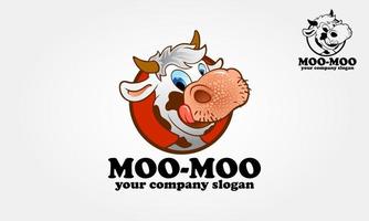 personagem de desenho animado do logotipo moo-moo. vaca feliz dos desenhos animados, ilustração de uma vaca e um sinal. figura de desenho animado com estilo divertido, pode tornar seu mascote de cabeçalho ou logotipo mais engraçado e divertido. vetor