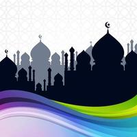 design de fundo de celebração islâmica com silhueta de mesquita e design de onda colorida. belo fundo abstrato para cartão islâmico vetor