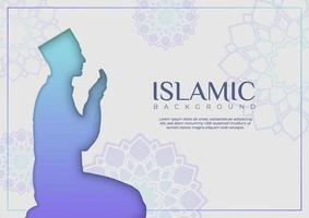 fundo de cartão islâmico e decoração de flores com um homem rezando. ilustração de banner eid al fitr simples e minimalista com linda flor mandala para modelos de celebração islâmica. vetor