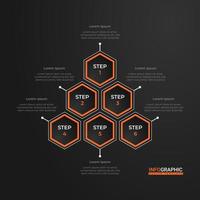 opções hexagonais da moda. design de apresentação de negócios criativos para infográficos em 5 etapas. design de apresentação elegante em preto e laranja. elementos de recursos gráficos legais com estilo colméia vetor