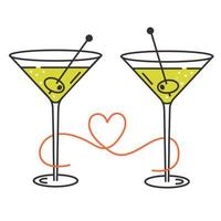 dois copos com martini e azeitona. fita com um coração. imagem isolada de vetor em estilo de arte de linha