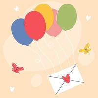 a carta voa em balões coloridos. ao redor do envelope estão borboletas e corações. imagem em um fundo rosa.