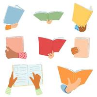 conjunto de mãos com livro em estilo simples de desenho animado. conceito de dia mundial do livro, estudando, aprendendo. ilustração vetorial de dicionário aberto, enciclopédias, planejador vetor