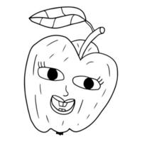 personagem de maçã retrô de desenho animado doodle feliz com folha isolada no fundo branco. vetor