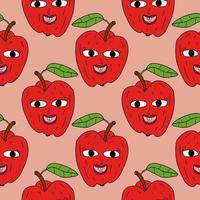 personagem de maçã retrô doodle feliz dos desenhos animados com padrão sem emenda de folha. fundo de frutas. vetor