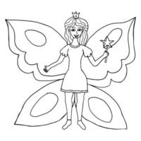 fantasia feliz doodle fadas borboleta princesa voando com varinha mágica. vetor