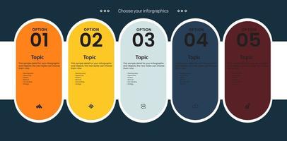 cinco etapas e 5 cores de processo infográfico ou painel de opções de círculos amarelos e marrons em fundo branco e modelo infográfico com 5 opções ou vetor de etapas