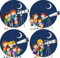 conjunto de crianças diferentes olhando através do telescópio à noite vetor