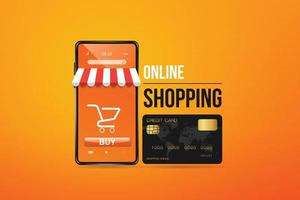 cartão de crédito preto e um smartphone que parece uma loja online. com símbolo de carrinho de compras para compras on-line e design de conceito on-line de compras, vetor em fundo laranja.