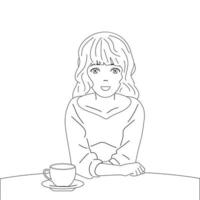 menina com uma xícara de café ou chá. sorriso e bom humor. ilustração vetorial, fundo isolado vetor