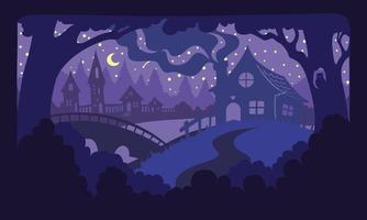 paisagem noturna com casas com fumaça de uma chaminé, florestas, árvores, uma ponte, uma coruja em um buraco. técnica de corte de papel para feito à mão. cores roxas e azuis escuras. vetor