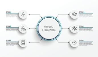 elementos abstratos do modelo gráfico infográfico com rótulo, círculos integrados. conceito de negócio com 6 opções. para conteúdo, diagrama, fluxograma, etapas, peças, infográficos de linha do tempo, layout de fluxo de trabalho, vetor