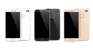 moderno smartphone preto, branco e dourado isolado. frente e verso da ilustração vetorial de smartphone. vista traseira da maquete do telefone celular. vetor