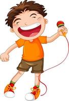 menino feliz cantando com microfone vetor