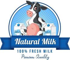logotipo de rótulo de leite natural com um desenho de vaca leiteira vetor