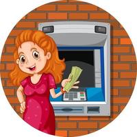 uma mulher segurando dinheiro na frente do caixa eletrônico
