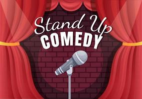 cena de teatro show de comédia stand up com cortinas vermelhas e microfone aberto para comediante se apresentando no palco em ilustração de desenho animado estilo simples vetor