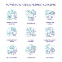 conjunto de ícones de conceito gradiente azul do contrato de compra de energia. venda de eletricidade. ilustração de cores de linha fina de ideia de relacionamento comercial. símbolos isolados. roboto-medium, inúmeras fontes pró-negrito usadas vetor