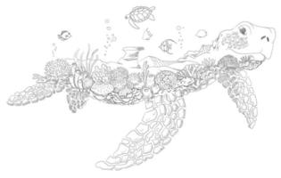 modelo de design de desenho de esboço do mar profundo de tartaruga vetor
