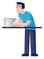 homem satisfeito preparando sopa na ilustração em vetor de cor rgb semi plana de pote. figura posando. pessoa participando de aula de culinária para adultos isolado personagem de desenho animado em fundo branco