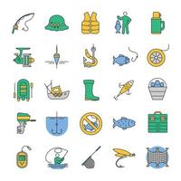conjunto de ícones de cores de pesca. equipamento de pesca. peixe, isca, anzol, equipamento, barco, vara, pescador, garrafa térmica, eco-sonda, uniforme. ilustrações vetoriais isoladas