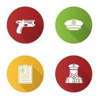 conjunto de ícones de glifo de design plano de polícia longa sombra. taser, chapéu, boletim de ocorrência, policial. ilustração em vetor silhueta