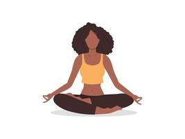 mulher meditando. mulher afro-americana medita em pose de lótus. ilustração vetorial para ioga, meditação, estilo de vida de relaxamento vetor