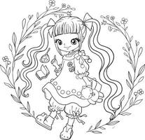 página para colorir estilo princesa kawaii bonito desenho animado desenho ilustração doodle vetorial vetor