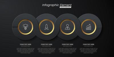 modelo de vetor 3d infográfico elegante ouro escuro com passos para o sucesso. apresentação com ícones de elementos de linha. design de conceito de negócios pode ser usado para layout de web, brochura, diagrama, gráfico ou banner