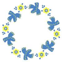 lindo quadro redondo com pássaros azuis e flores amarelas. guardanapo de cartão postal em amarelo e azul, cores da bandeira ucraniana. ilustração vetorial. padrão floral para decoração, design, impressão e guardanapos vetor