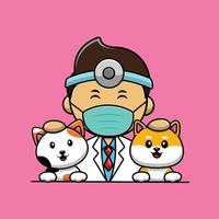 veterinário com ilustração de ícone de vetor dos desenhos animados de gato e cachorro. pessoas profissão ícone conceito isolado vetor premium.