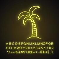 ícone de luz de néon de palmeira. ilha tropical. Coqueiro. sinal brilhante com alfabeto, números e símbolos. ilustração vetorial isolada