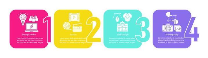 modelo de infográfico de vetor de design web. fotografia, estúdio de design, ação. visualização de dados com quatro etapas e opções. gráfico de linha do tempo do processo. layout de fluxo de trabalho com ícones