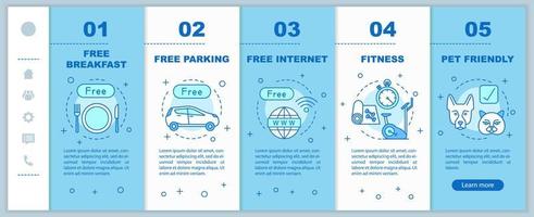 amenidades de quarto onboarding modelo de vetor de páginas da web móvel. instalações e serviços hoteleiros. tudo incluído. ideia de interface de site de smartphone responsivo. telas passo a passo da página da web. conceito de cor