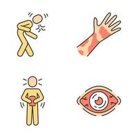 conjunto de ícones de cores de sintomas de alergia sazonal. dermatite de contato, urticária, hivis. tosse, espirros reação alérgica. conjuntivite, inflamação ocular. dor de estômago. ilustrações vetoriais isoladas vetor