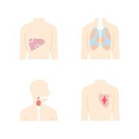 conjunto de ícones de cor de sombra longa de design plano de órgãos humanos doentes. fígado e pulmões doloridos. garganta doendo. coração insalubre. partes internas do corpo doentes. ilustrações de silhuetas vetoriais vetor