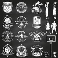 conjunto de distintivo de clube de faculdade de basquete na lousa. vetor. conceito para camisa, estampa, carimbo ou camiseta. design de tipografia vintage com silhueta de bola de crocodilo e basquete.