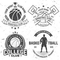 conjunto de distintivo de clube de faculdade de basquete. ilustração vetorial. conceito para camisa, carimbo ou camiseta. design de tipografia vintage com aro de basquete, jogador e silhueta de bola de basquete.