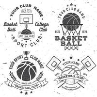 conjunto de distintivo de clube de faculdade de basquete. ilustração vetorial. conceito para camisa, estampa ou camiseta. design de tipografia vintage com cesta de basquete e silhueta de bola de basquete. vetor