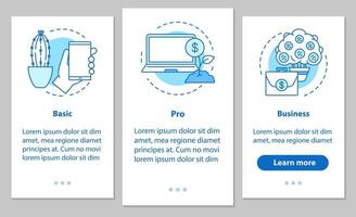 desenvolvimento de negócios integrando a tela da página do aplicativo móvel com conceitos lineares. opções básicas e profissionais. serviços financeiros. softwares de negócios. passos instruções gráficas. ux, ui, gui ilustrações vetoriais vetor