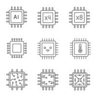 conjunto de ícones lineares de processadores. chip ai, quad, processadores octa core, circuito integrado, temperatura do microprocessador, chip sorridente. símbolos de linha fina. ilustrações vetoriais isoladas. traço editável vetor